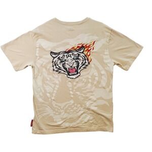 Members Only T-Shirt Mens XL Beige Tiger Flame Graphic Embroidered Crew Neck Tee